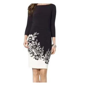 Ralph Lauren Black & White Floral Print 3/4 Sleeve Sheath Midi Dress Size 8P
